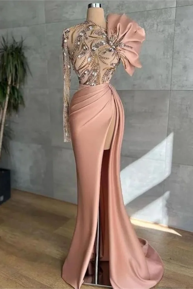Long Sleeves Long Mermaid Prom Dress With High Split Appliques