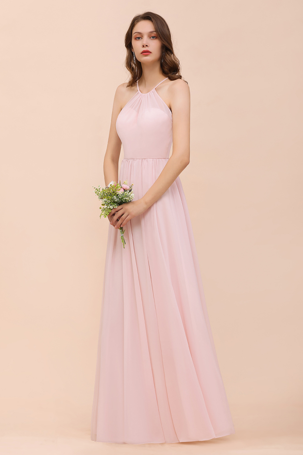 27prom Gorgeous Chiffon Halter Ruffle Affordable Long Bridesmaid Dress-27prom