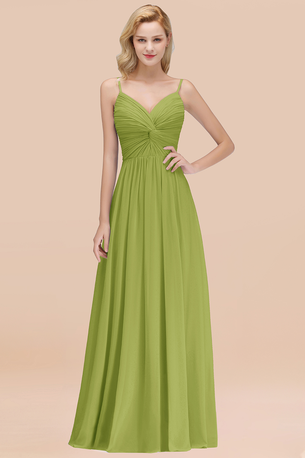 27prom Chic V-Neck Pleated Backless Bridesmaid Dresses with Spaghetti Straps-27prom