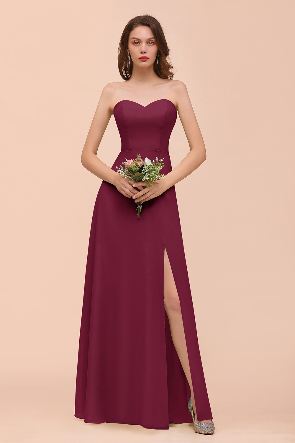 27prom Affordable Strapless Front Slit Long Dusty Sage Bridesmaid Dress-27prom