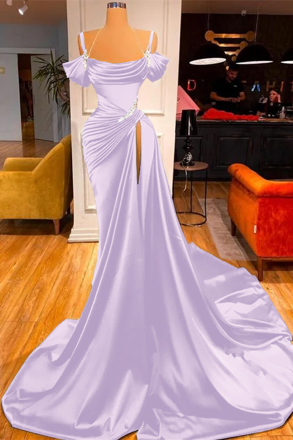 Green Chic Off the Shoulder Beadings Pleated Prom Dress Long With High Split