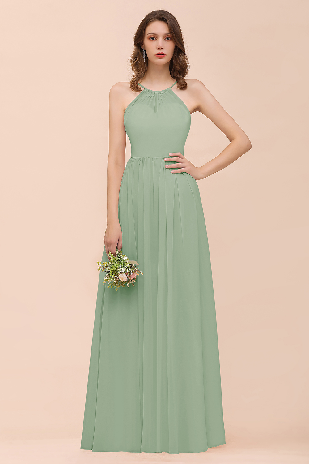 27prom Gorgeous Chiffon Halter Ruffle Affordable Long Bridesmaid Dress-27prom