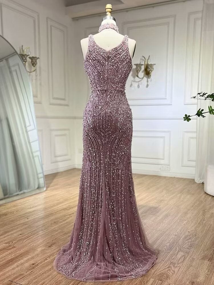 Luxurious Square Beaded Embroidered Formal Evening Dress with Slit