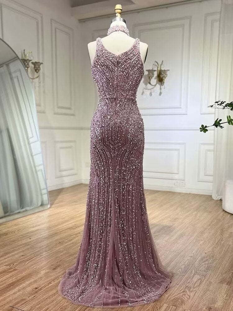 Luxurious Square Beaded Embroidered Formal Evening Dress with Slit