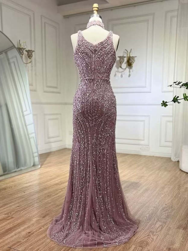 Luxurious Square Beaded Embroidered Formal Evening Dress with Slit