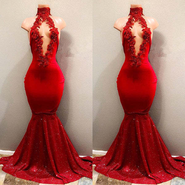 Red High Collar Mermaid Prom Dress with Sequins