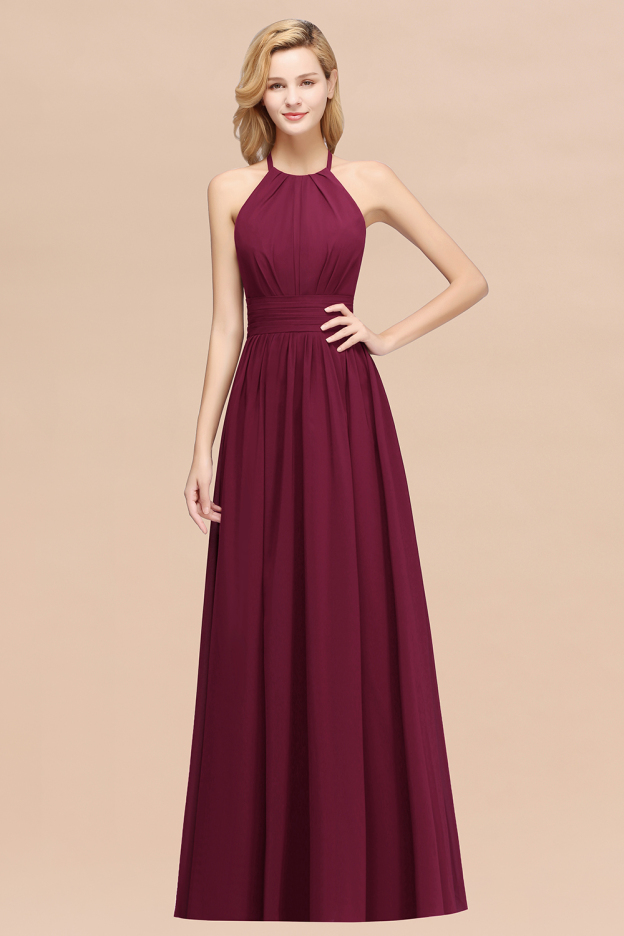 27prom Elegant High-Neck Halter Long Affordable Bridesmaid Dresses with Ruffles-27prom