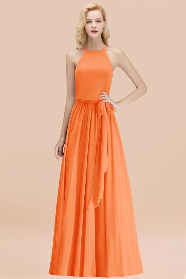 27prom Affordable Halter Bow Long Bridesmaid Dress Modest Burgundy Chiffon Wedding Party Dress-27prom