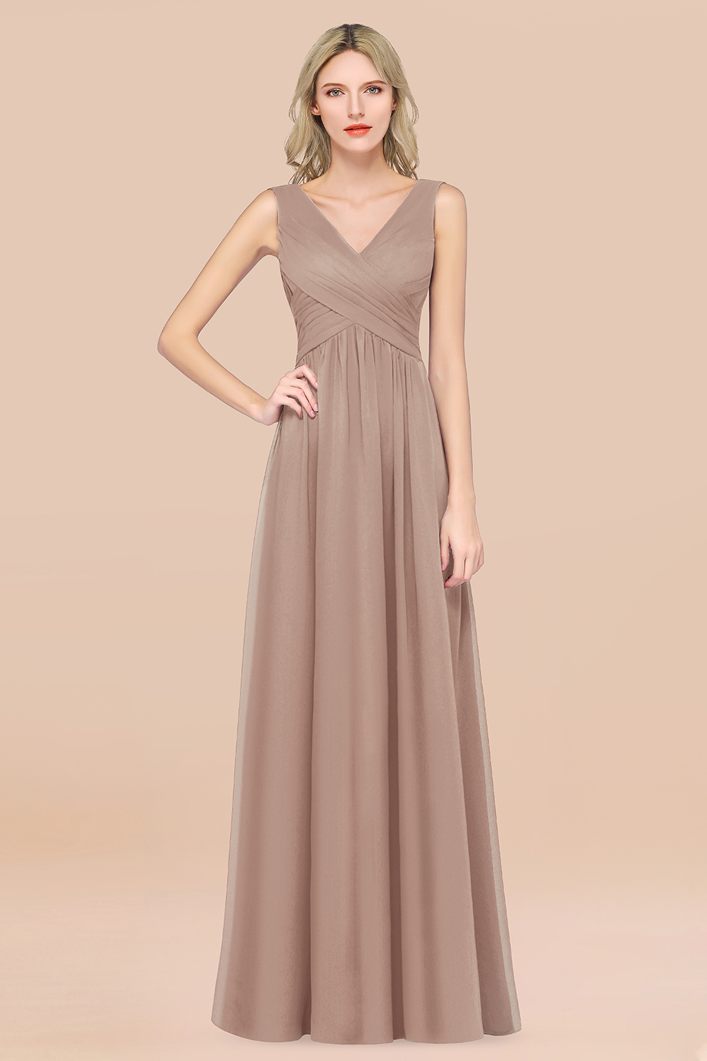 27prom Glamorous Chiffon V-Neck Sleeveless Burgundy Bridesmaid Dress with Draped Back-27prom