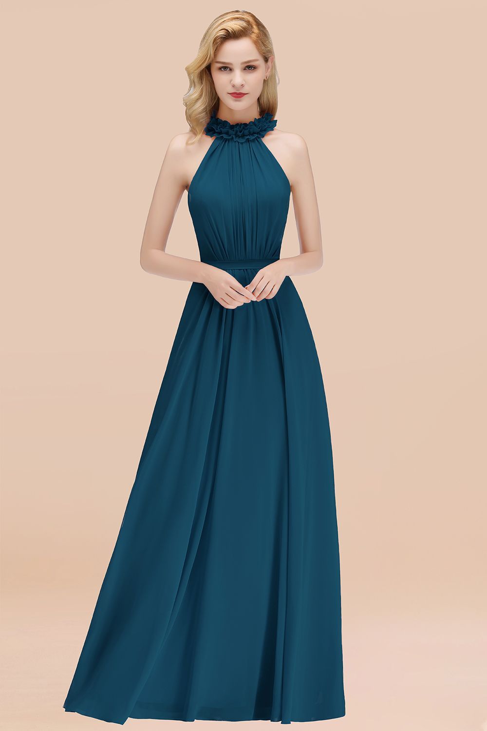 27prom Modest High-Neck Halter Ruffle Chiffon Bridesmaid Dresses Affordable-27prom