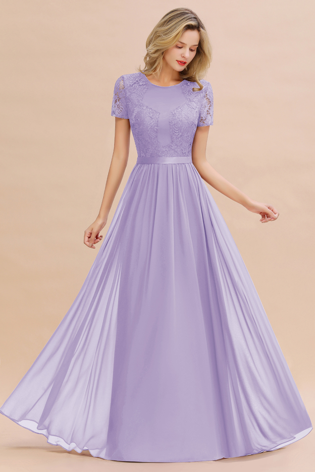 27prom Elegant Chiffon Lace Jewel Short-Sleeves Affordable Bridesmaid Dress-27prom
