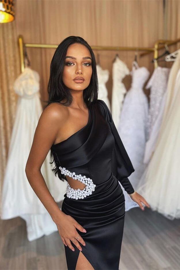 Charming Black Evening Dress with Long Sleeves, Hollowing Out, and Pleated Slit