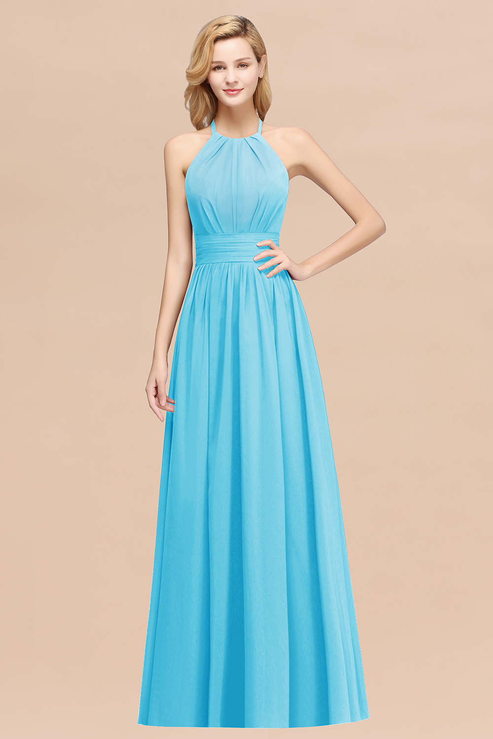 27prom Elegant High-Neck Halter Long Affordable Bridesmaid Dresses with Ruffles-27prom