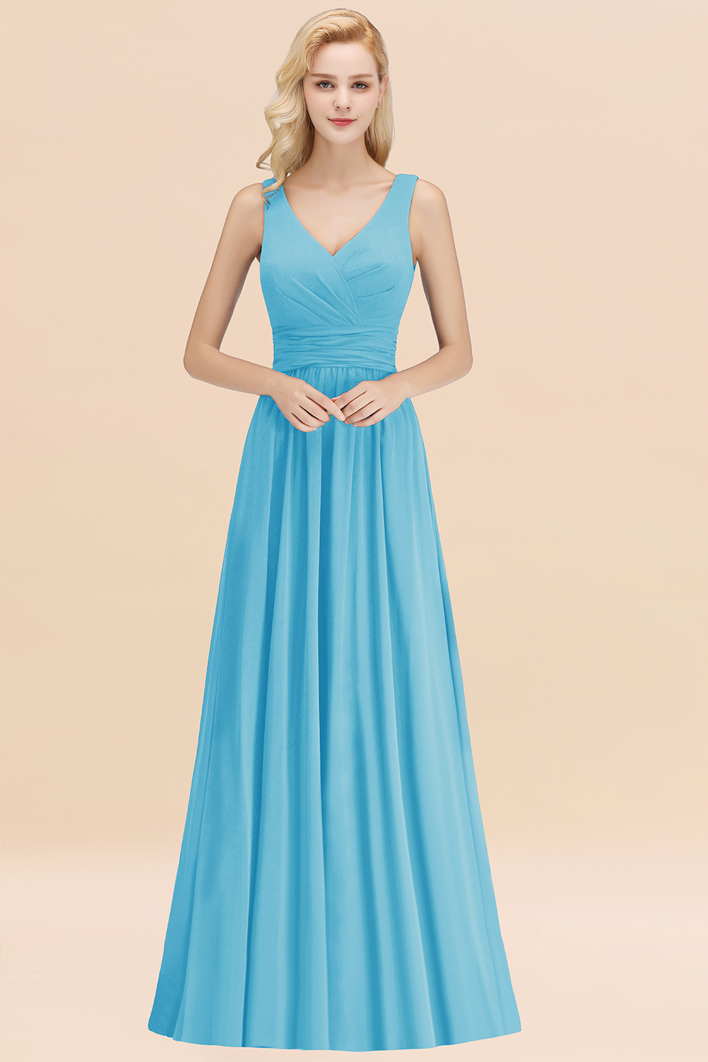 27prom Modest Sleeveless V-Neck Long Chiffon Bridesmaid Dress Online with Ruffle-27prom