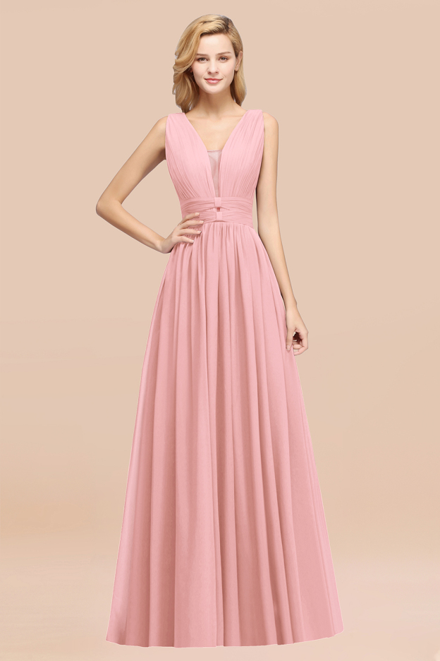 27prom Modest Dark Green Long Bridesmaid Dress Deep V-Neck Chiffon Maid of Honor Dress-27prom