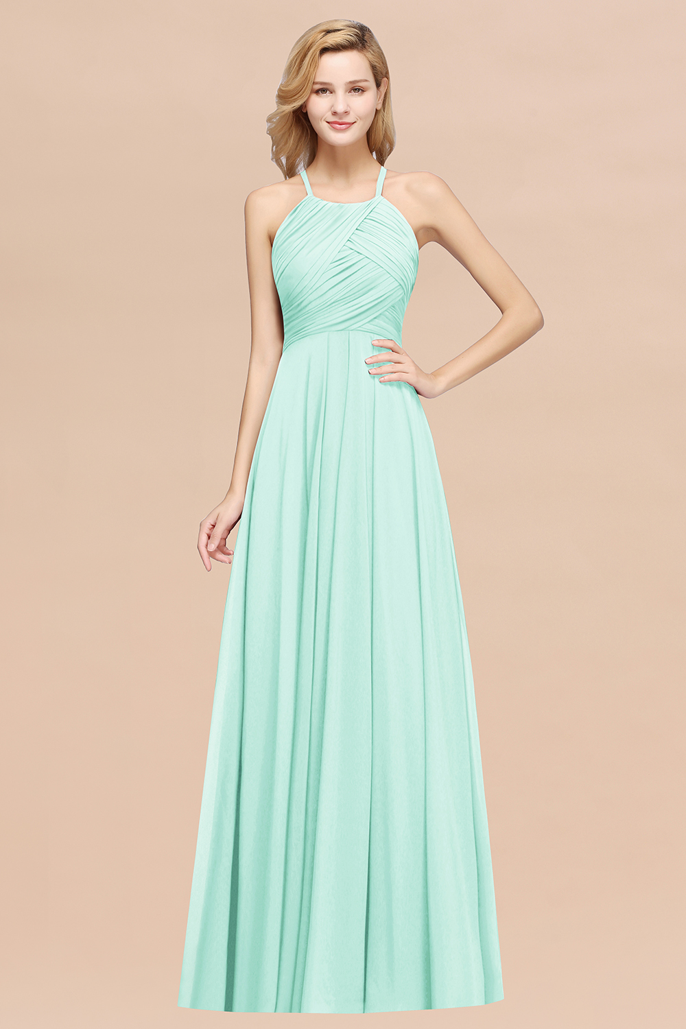 27prom Halter Crisscross Pleated Bridesmaid Dress Blue Chiffon Sleeveless Maid of Honor Dress-27prom