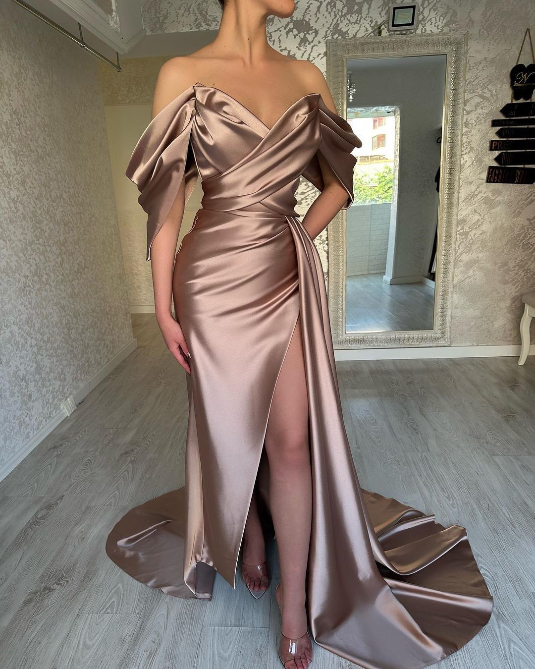 Dusty Pink Off-the-Shoulder V-Neck Prom Dress with Pleats and Split