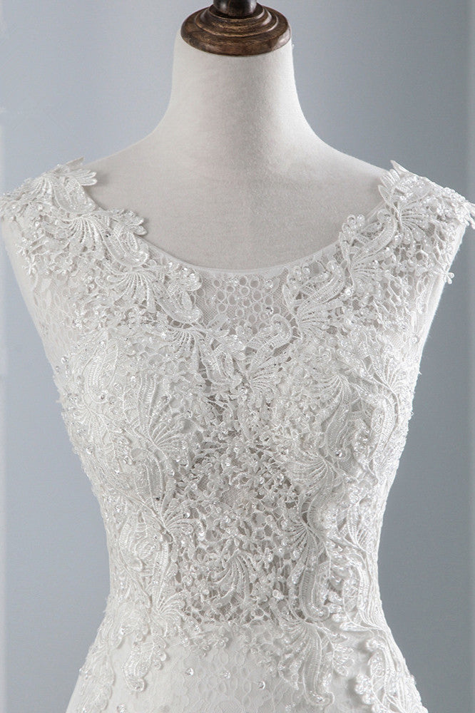 Jewel Neck Sleeveless Long Mermaid Wedding Dress with Tulle Lace Appliques