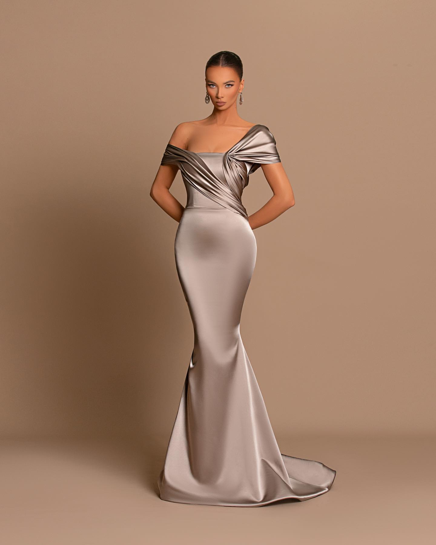 Grey Off-The-Shoulder Evening Dress Bateau Pleated Ball Gown