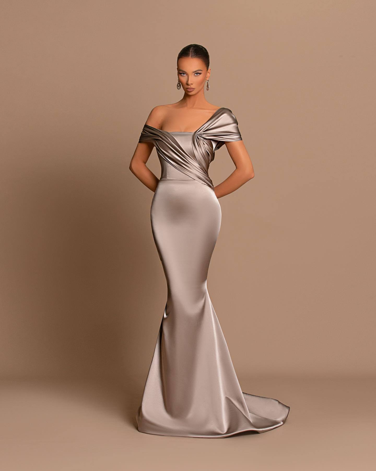 Grey Off-The-Shoulder Evening Dress Bateau Pleated Ball Gown
