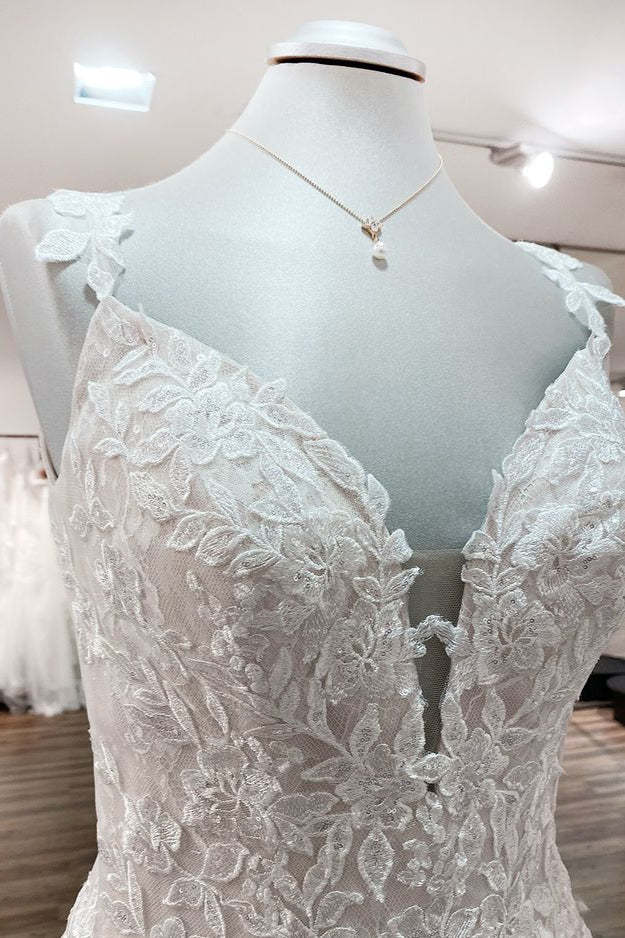 V-Neck Long A-Line Wedding Dress with Ruffles, Open Back, and Tulle Lace