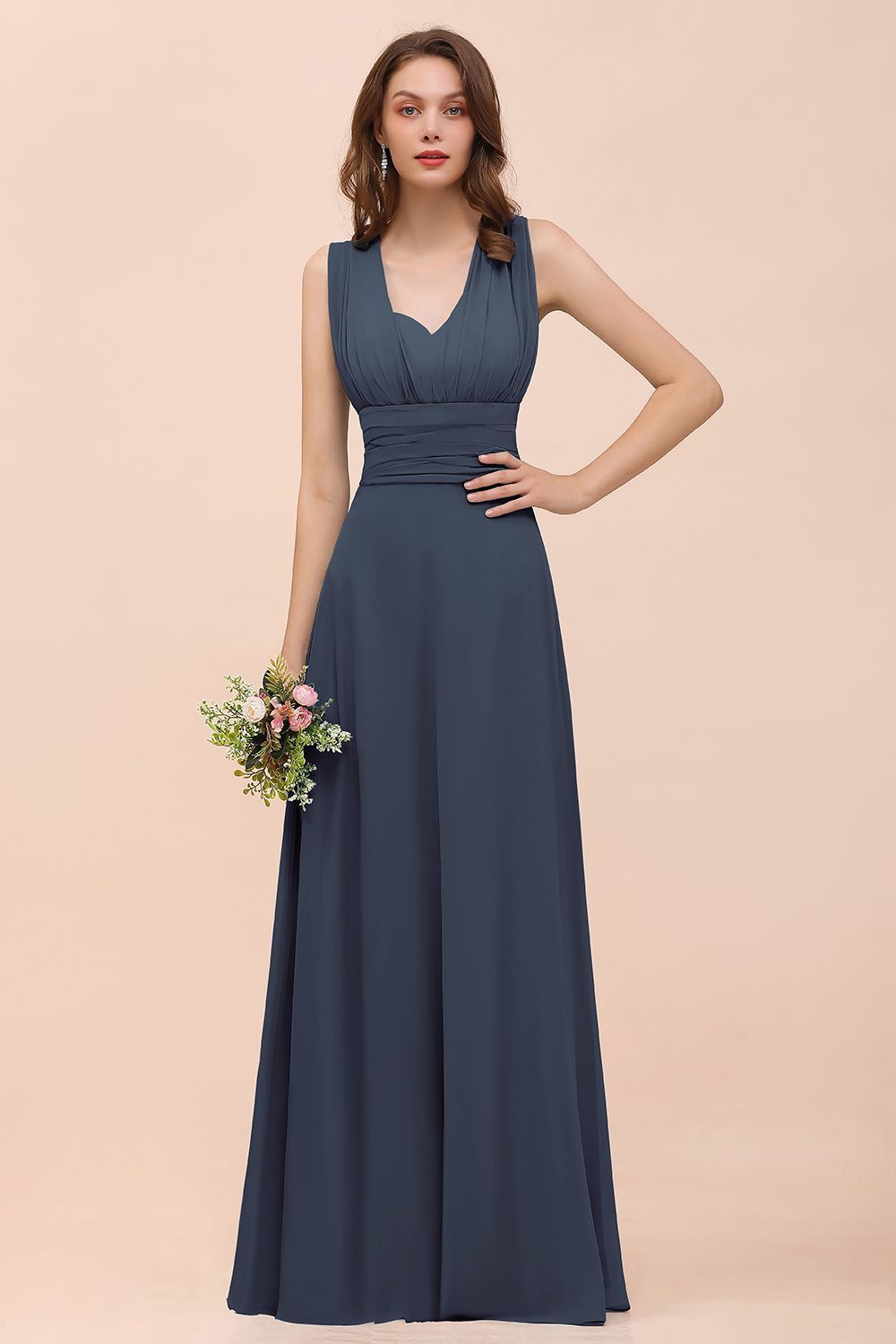 27prom New Arrival Dusty Blue Ruched Long Convertible Bridesmaid Dresses-27prom