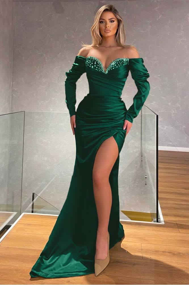 Off the Shoulder Long Sleeves Mermaid Long Prom Dress With Beading