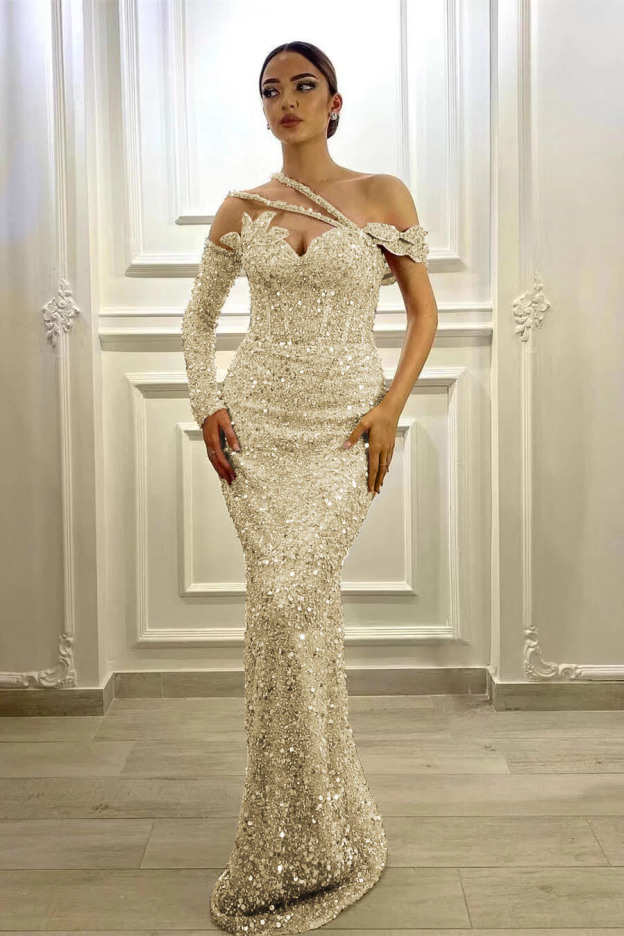 Gorgeous Long Sleeves One Shoulder Lavender Prom Dress Mermaid With Sequins