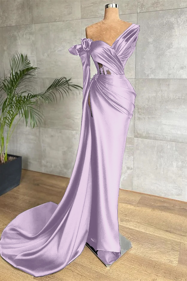 Black One Shoulder Long Sleeve Lace Pleated Long Prom Dress With Side Split