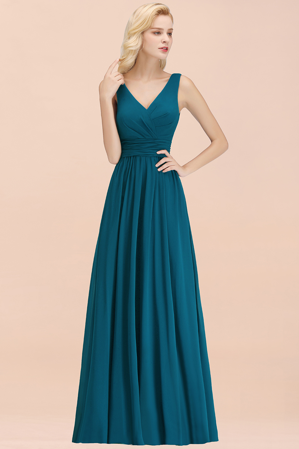 27prom Modest Sleeveless V-Neck Long Chiffon Bridesmaid Dress Online with Ruffle-27prom