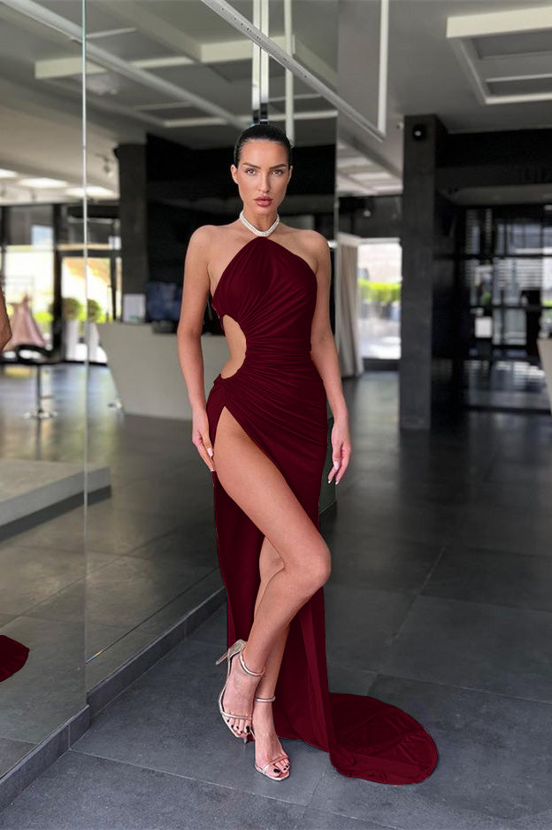 Pink Halter Sleeveless Mermaid Prom Dress with Long Split