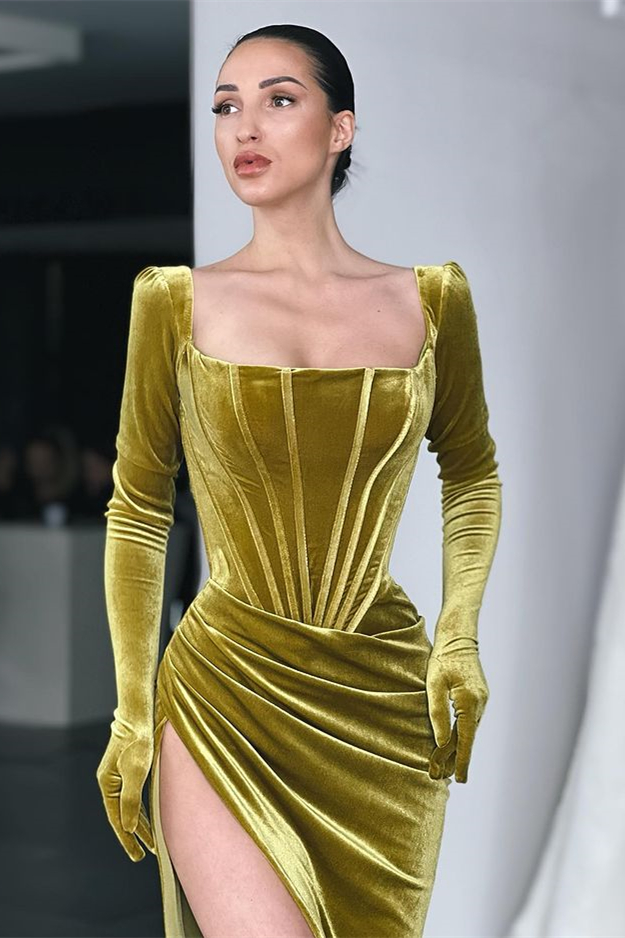 Stunning Square Neck Long Sleeves Pleated Long Prom Dress With Side Split