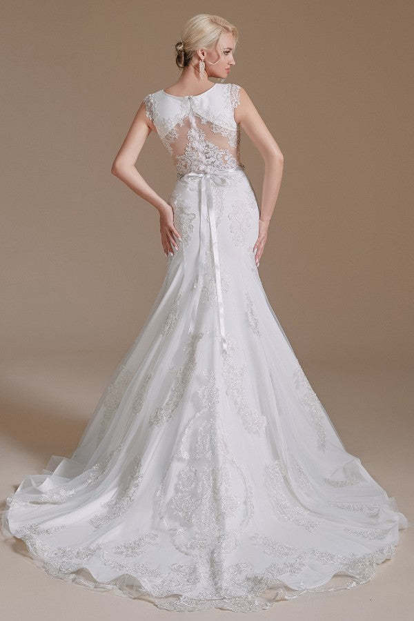 Mermaid Jewel Neck Long Wedding Dress with Tulle Lace
