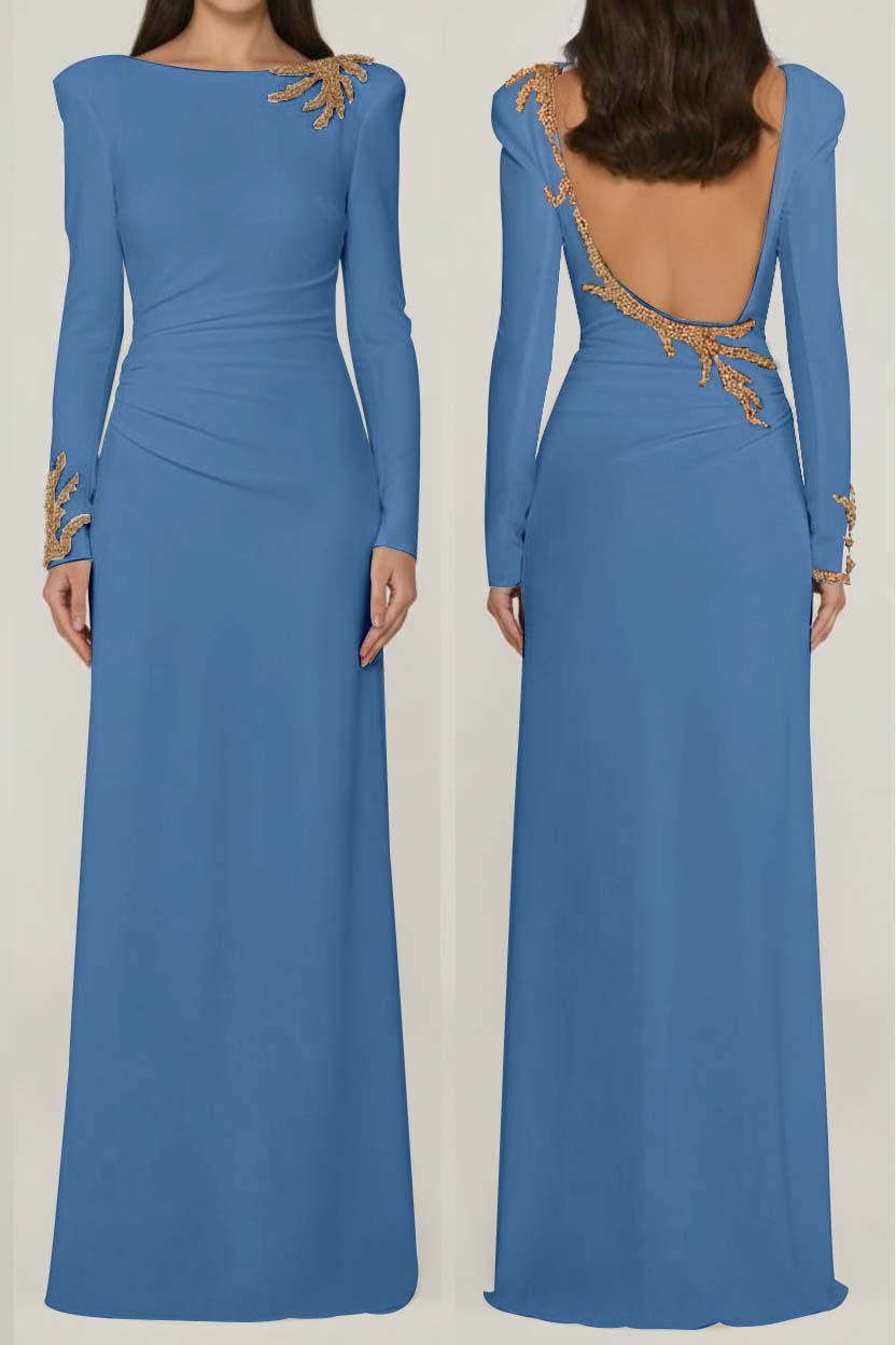 Long Sleeves Long Backless Prom Dress With Appliques Pleated