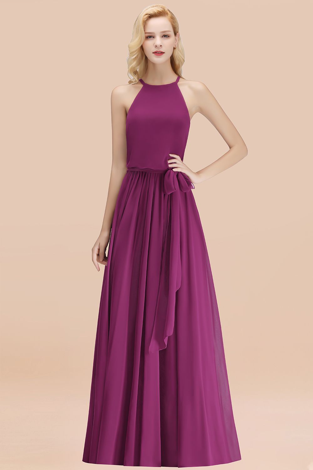 27prom Affordable Halter Bow Long Bridesmaid Dress Modest Burgundy Chiffon Wedding Party Dress-27prom