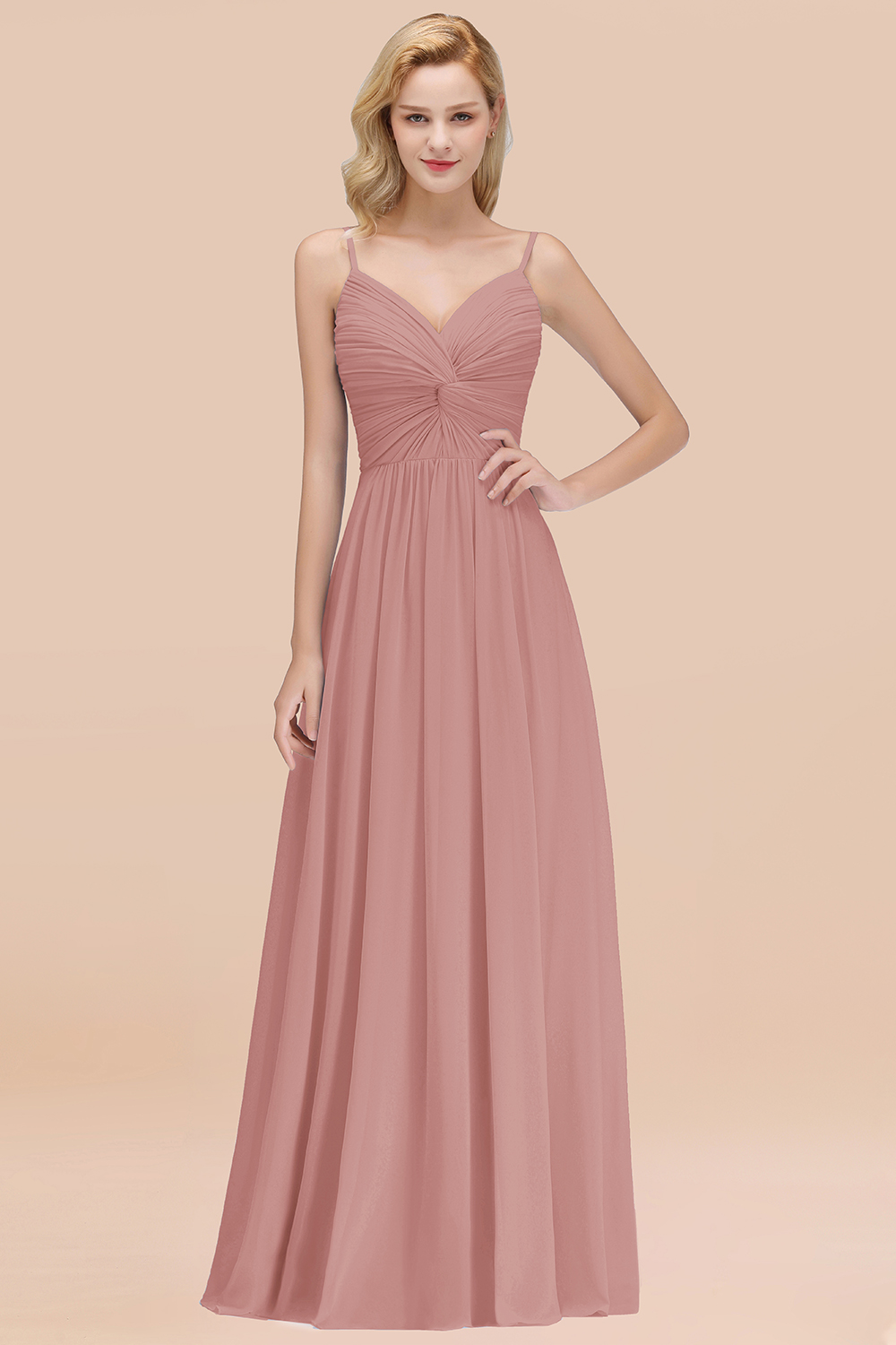 27prom Chic V-Neck Pleated Backless Bridesmaid Dresses with Spaghetti Straps-27prom