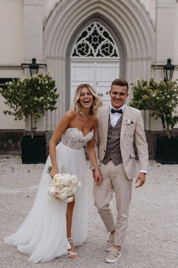 Gorgeous Long A-line Wedding Dress Sweetheart Front Slit With Lace Tulle