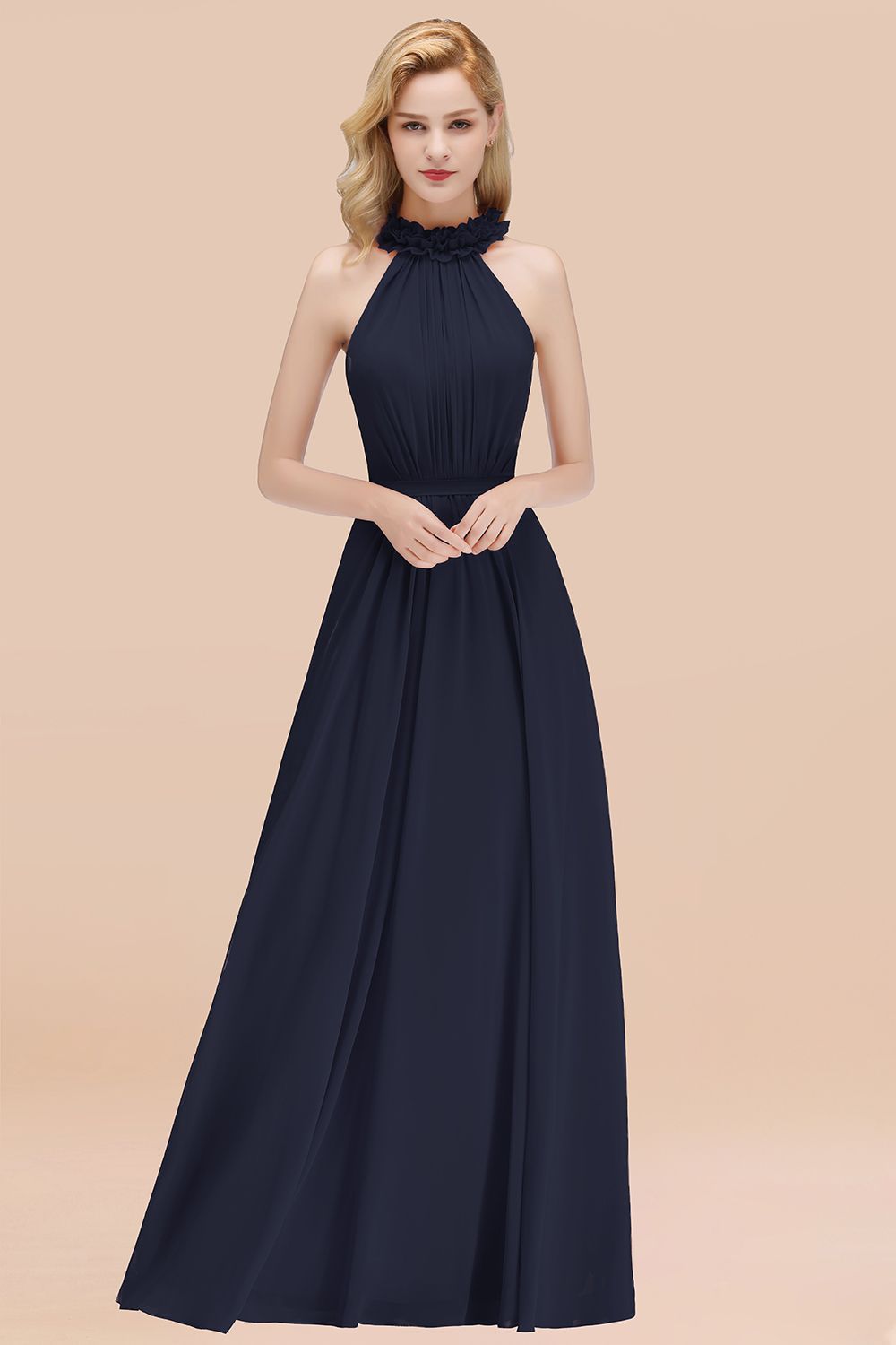 27prom Modest High-Neck Halter Ruffle Chiffon Bridesmaid Dresses Affordable-27prom