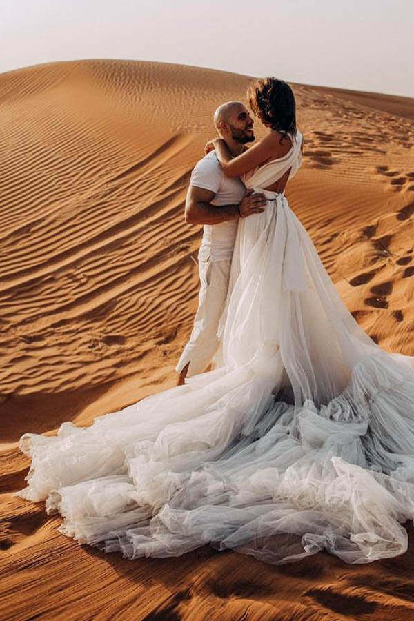Amazing A Line Ivory Tulle Wedding Dress With Court Train