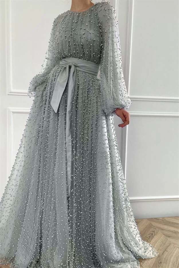 Long Sleeves Long Jewel Neck Prom Dress With Pleated Beading