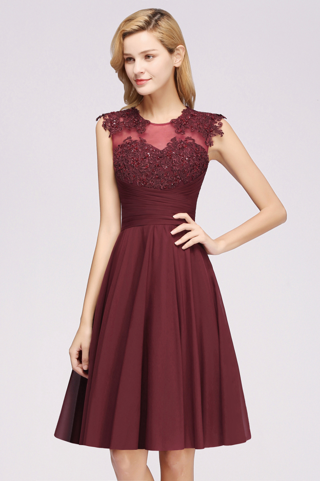 27prom Cute Chiffon Round Neck Short Burgundy Bridesmaid Dresses with Appliques-27prom