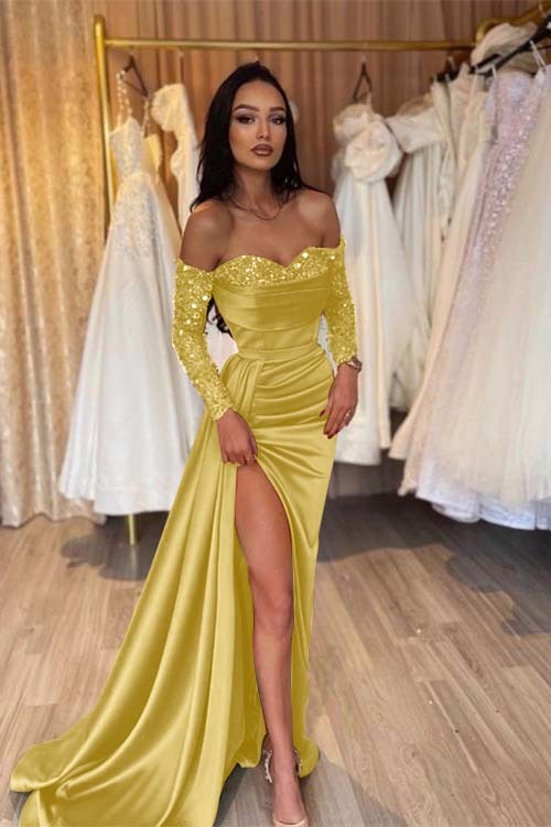 Off the Shoulder Long Sleeves Long Mermaid Prom Dress With Pleated