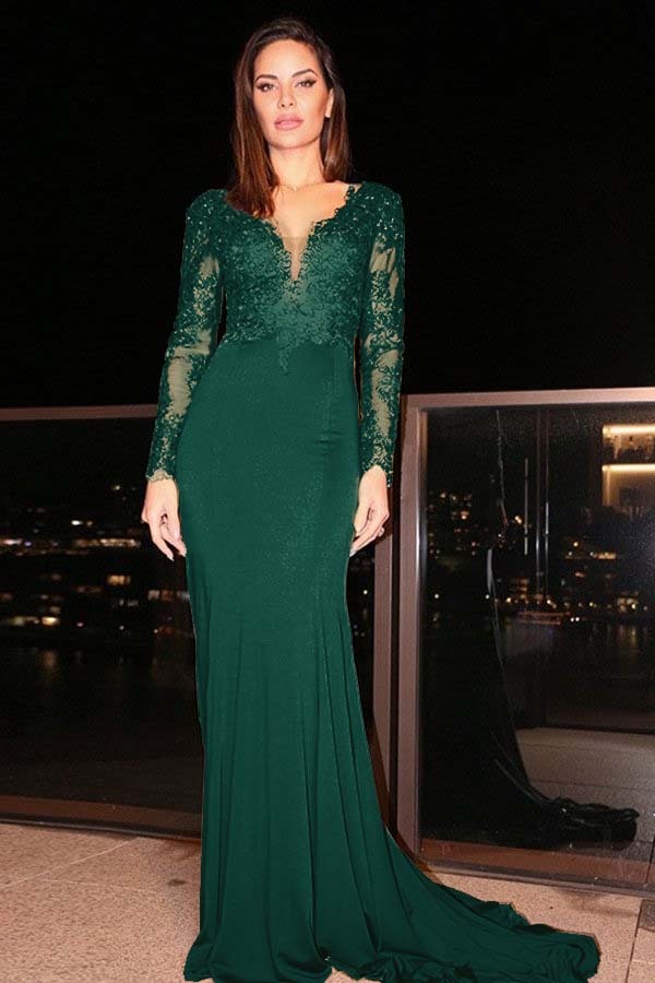 Long Sleeves Long Mermaid Prom Dress With Pleated Appliques