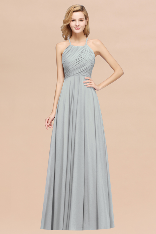 27prom Halter Crisscross Pleated Bridesmaid Dress Blue Chiffon Sleeveless Maid of Honor Dress-27prom