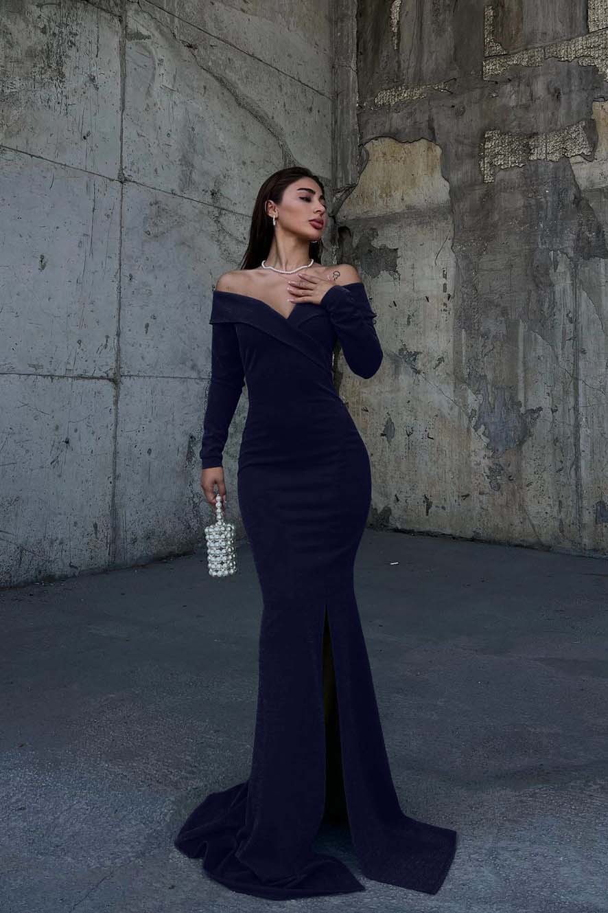 Off the Shoulder Long Sleeves Split Long Prom Dress With Pleated