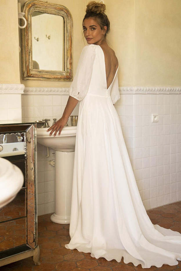 Half Sleeve V-Neck Wedding Dress