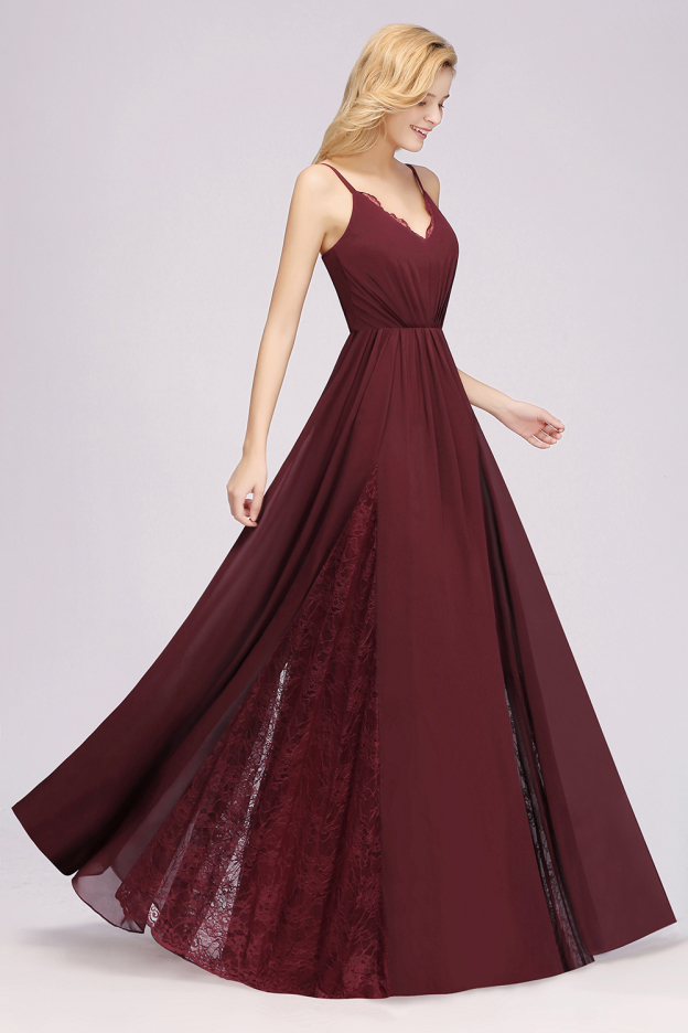 27prom Elegant Spaghetti Straps Long Bridesmaid Dress Lace V-Neck Maid of Honor Dress-27prom