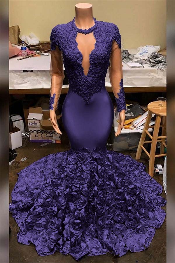 Elegant Mermaid V Neck Prom Dress Appliques Long Sleeves With Flowers Bottom