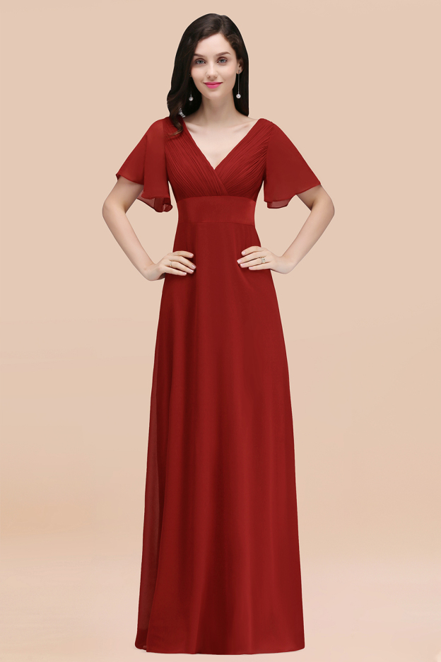 27prom Affordable V-Neck Ruffle Long Burgundy Bridesmaid Dress With Short-Sleeves-27prom