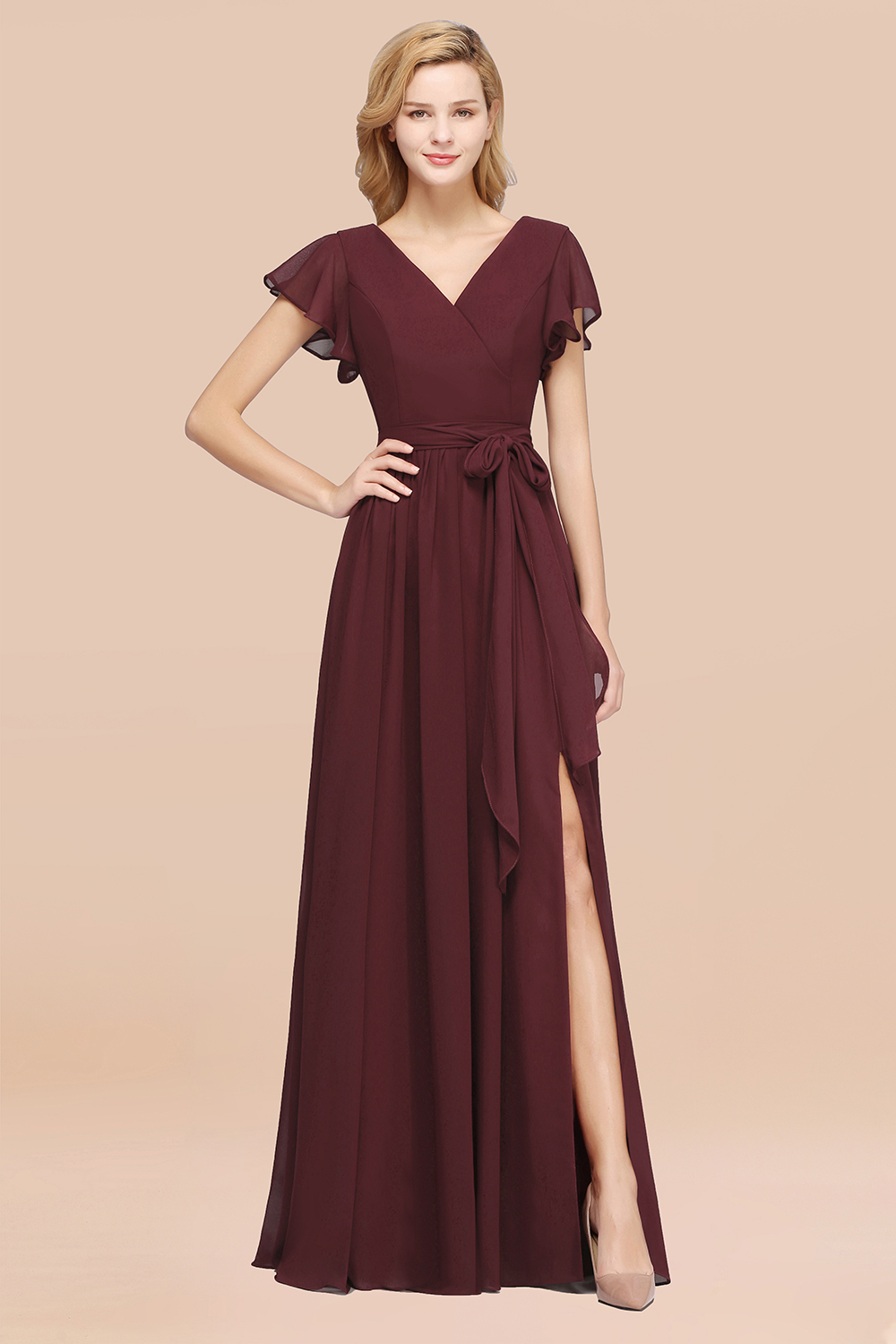 27prom Burgundy V-Neck Long Bridesmaid Dress With Short-Sleeves-27prom